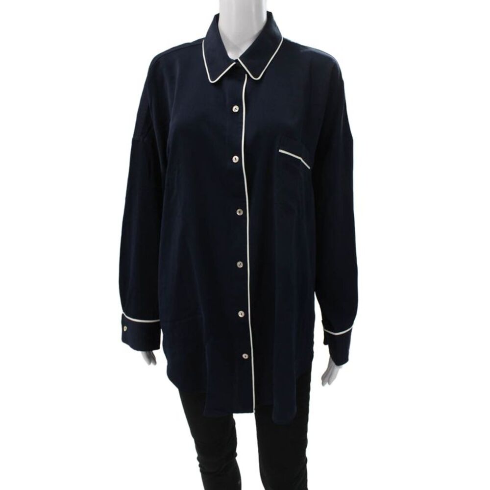Negative Womens Basic Collared Button Pajama Top Blue Long Sleeve Size XL
